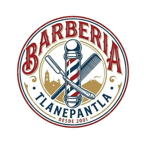 Logotipo oficial de Barbería en Tlalnepantla de Baz estilo clásico con poste de barbero y navaja.