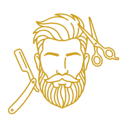 Icono dorado de hombre con barba, tijeras y navaja para servicio completo de corte y barba en Tlalnepantla de Baz.